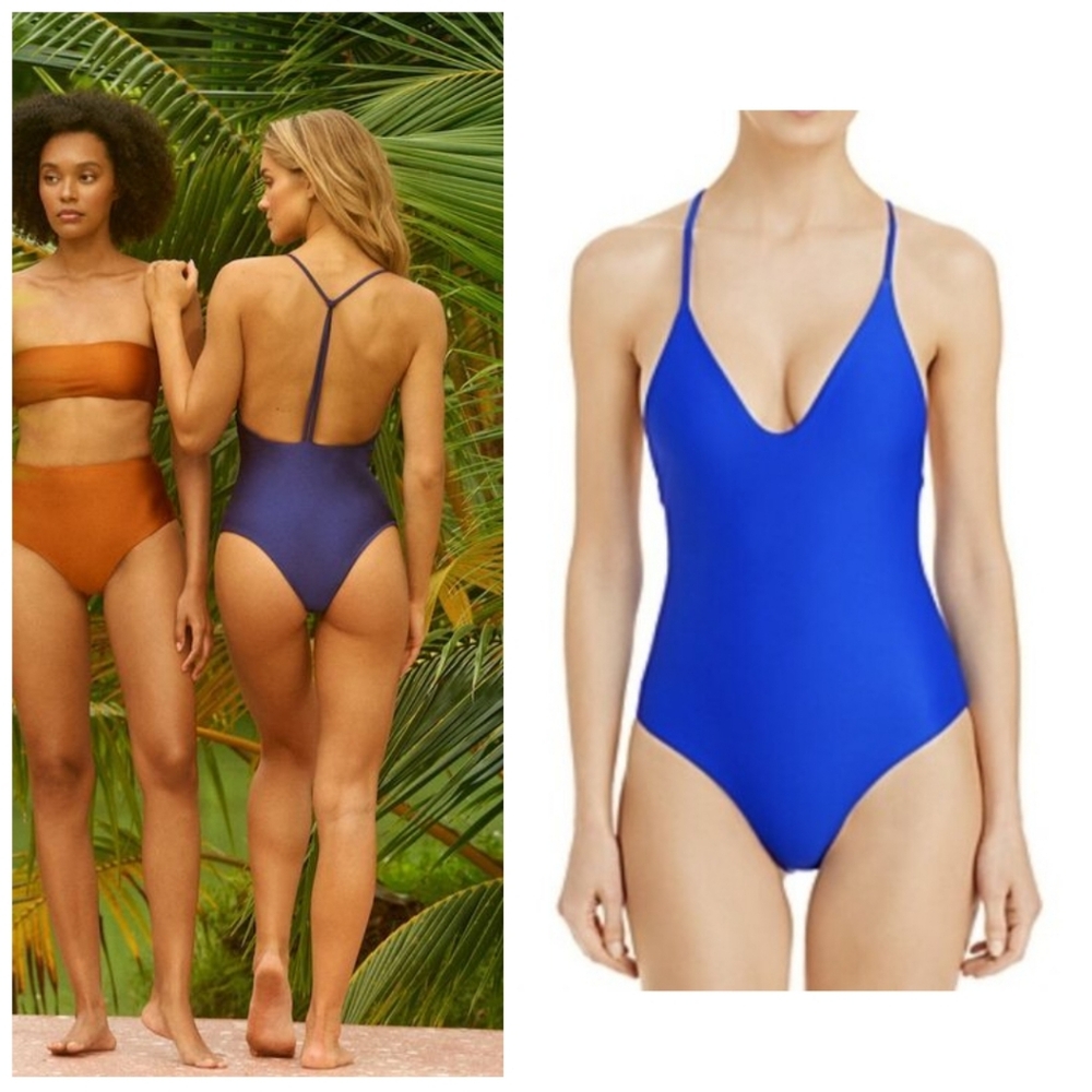 Jade Swim Blue Lapis Plunge Neckline All in One Piece Cheeky Swimsuit S NWT